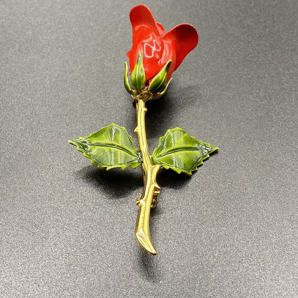 Vintage Red Enamel Rose Brooch Pin Gold Tone